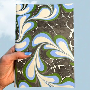 Puede incluir: Un cuaderno rectangular con una cubierta de papel jaspeado que presenta un patr&oacute;n de remolinos en colores crema, azul claro, verde bosque y gris carb&oacute;n. El dise&ntilde;o consiste en formas fluidas y org&aacute;nicas que crean un flujo visual continuo.