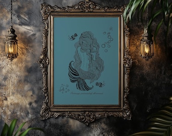 May include: Ornate gold framed art print. The artwork features a black and white illustration of a mermaid with long flowing hair and a detailed tail, set against a teal background. Includes bubbles and fish, with the text "Patmaya, mermaid of dreams".