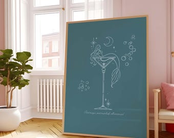 Mermaid Martini Art Print: Coastal Beach House Decor (Digital Download)