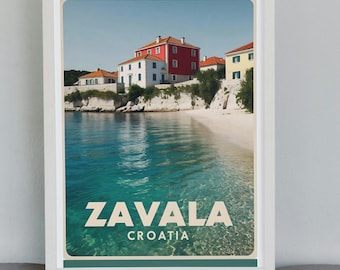 May include: A framed travel poster featuring the coastal town of Zavala, Croatia. The image shows a beach with clear turquoise water, buildings with red and white facades, and the text "Zavala Croatia" in a vintage font.