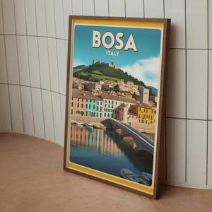 Bosa Italy Poster – A4 Vintage-Style Travel Print – Digital Download Wall Art of Coastal Italian Town
