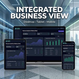 May include: A laptop, tablet, and smartphone displaying the Axis Insights dashboard with the text INTEGRATED BUSINESS VIEW Desktop Tablet Mobile. The dark-themed interface shows revenue analytics, balance sheets, and data charts in blue and green.