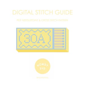 Pode incluir: Um guia de ponto digital com o texto "DIGITAL STITCH GUIDE" e "PDF NEEDLEPOINT & CROSS STITCH PATTERN". A imagem apresenta um design pixelizado amarelo e azul com o número "30A". Um círculo amarelo com o texto "HOWDY SYD" está na parte inferior.