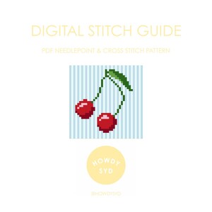Peut inclure: Guide de point numérique avec un motif de cerises pixélisées. L'image comprend le texte "DIGITAL STITCH GUIDE" et "PDF NEEDLEPOINT & CROSS STITCH PATTERN". Un cercle jaune avec le texte "HOWDY SYD" est en bas.