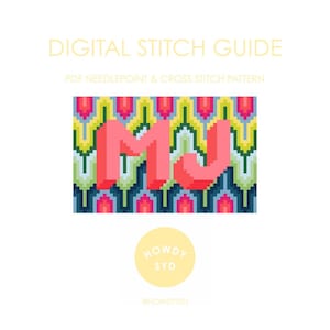 Op de afbeelding: Een digitale steekgids met de tekst "DIGITAL STITCH GUIDE" en "PDF NEEDLEPOINT & CROSS STITCH PATTERN". De afbeelding toont de letters "MJ" in 3D-stijl, tegen een kleurrijk geometrisch patroon. Onderaan staat een gele cirkel met de tekst "HOWDY SYD".