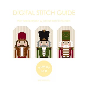 Puede incluir: Guía de puntada digital con tres diseños de cascanueces pixelados en rojo, verde y marrón. El texto "DIGITAL STITCH GUIDE" y "PDF NEEDLEPOINT & CROSS STITCH PATTERN" se muestran encima de los cascanueces. Un círculo amarillo con "HOWDY SYD" está en la parte inferior.