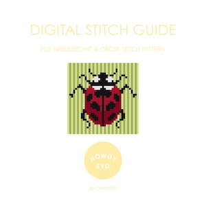 May include: Digital Stitch Guide with a pixelated ladybug design. The ladybug is red with black spots and a black head, set against a green striped background. The text "DIGITAL STITCH GUIDE" and "PDF NEEDLEPOINT & CROSS STITCH PATTERN" are displayed.