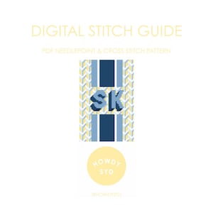 Puede incluir: Guía de puntada digital con un patrón geométrico en azul, amarillo y blanco. El diseño incluye las letras "SK" en azul y el texto "HOWDY SYD" en un círculo amarillo.
