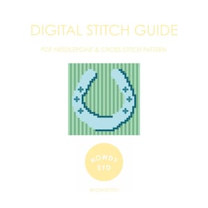 May include: Digital stitch guide with a light blue horseshoe design. The horseshoe is pixelated and has plus signs on it. The background is green and white striped. The text "DIGITAL STITCH GUIDE" is at the top.