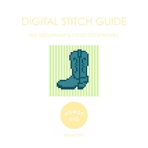 May include: Digital stitch guide with a teal pixelated cowboy boot design. The image includes the text "Digital Stitch Guide" and "PDF Needlepoint & Cross Stitch Pattern". A yellow circle with the text "Howdy Syd" is also present.