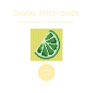 Könnte beinhalten: Eine digitale Stichanleitung mit dem Text "DIGITAL STITCH GUIDE" und "PDF NEEDLEPOINT & CROSS STITCH PATTERN". Das Bild zeigt eine pixelige Limettenscheibe auf gelbem Hintergrund. Ein gelber Kreis mit dem Text "HOWDY SYD" befindet sich unten.