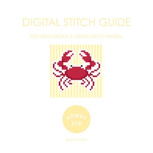 Puede incluir: Guía de puntada digital con un diseño de cangrejo rojo pixelado sobre un fondo a rayas amarillas. El texto "DIGITAL STITCH GUIDE" y "PDF NEEDLEPOINT & CROSS STITCH PATTERN" están en la parte superior. Un círculo amarillo con "HOWDY SYD" está en la parte inferior.