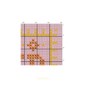Puede incluir: Un patr&oacute;n de punto de cruz con fondo rosa y cuadrados de color amarillo y naranja. El patr&oacute;n es para un dise&ntilde;o que incluye una luna creciente y un sol.
