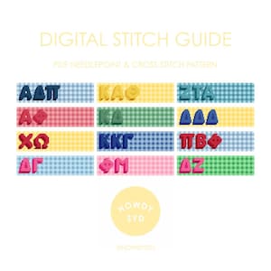 May include: A digital stitch guide with various Greek letters in different colors and fonts, set against a gingham pattern background. The text "DIGITAL STITCH GUIDE" and "PDF NEEDLEPOINT & CROSS STITCH PATTERN" are displayed at the top.