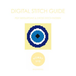 May include: Digital stitch guide with a PDF needlepoint and cross stitch pattern. The design features a pixelated blue and white eye on a yellow striped background. A yellow circle with the text "HOWDY SYD" is below the eye.
