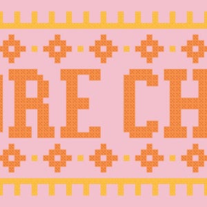 Puede incluir: Una pancarta rosa con un borde amarillo y un patr&oacute;n repetitivo de peque&ntilde;os cuadrados amarillos. La pancarta tiene el texto "ONE MORE CHAPTER" en naranja.