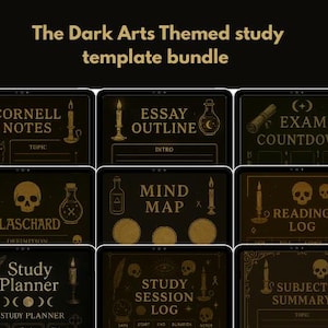 Może przedstawiać: Pakiet cyfrowych szablonów do nauki o tematyce mrocznych sztuk. Szablony obejmują notatki Cornella, konspekt eseju, odliczanie do egzaminu, fiszki, mapę myśli, dziennik czytania, plan nauki, dziennik sesji nauki i podsumowanie tematu. Każdy szablon zawiera ilustracje świec, czaszek i butelek z miksturami.
