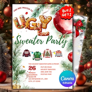 Puede incluir: Una invitación festiva para una "Ugly Sweater Party" con letras de pan de jengibre. El folleto presenta ilustraciones de suéteres navideños, una bola roja y el texto "Buy 1 Get 1". También se incluye la fecha y la hora.