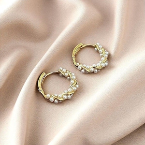 Gold Hoop Earrings: Dainty Pearl Huggies, Geometric Bridal Jewelry