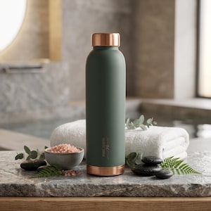 May include: A matte dark green cylindrical water bottle with a metallic copper-colored cap and base. The bottle features the text Atlantic Copper in a small, elegant font on the lower front section, providing a sleek and modern aesthetic.