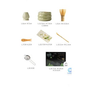 May include: A matcha tea set with a green ceramic bowl, whisk, bamboo scoop, and a strainer. The set also includes a small green ceramic cup, a bamboo whisk holder, and a wooden tea scoop. The set is packaged in a black box with a green and white design.