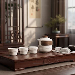Puede incluir: Un juego de té de cerámica blanca que incluye una tetera con tapa y tres tazas pequeñas, decoradas con un sutil paisaje de montaña gris. La tetera tiene una banda de madera oscura en el centro. El conjunto descansa sobre una bandeja de madera.