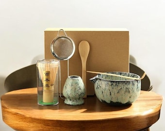 Handmade Japanese Matcha Tea Set – Blue Glazed Chawan Bowl & Bamboo Accessories