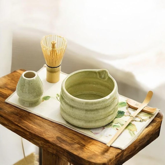 Handmade Green Glazed Matcha Tea Set – Bamboo Whisk & Bowl