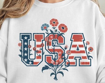 Floral USA PNG: Retro American Flag, 4th of July (Digital Download)