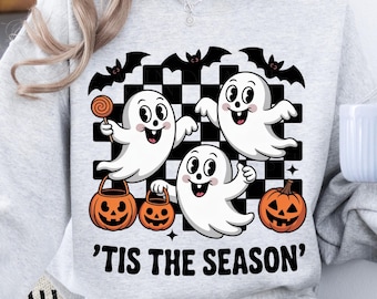 Retro Halloween Ghost PNG: Checkerboard Clipart, Spooky Season Design (Digital Download)