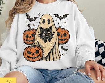 Retro Halloween Ghost & Cat PNG: Vintage Sublimation Design (Digital Download)
