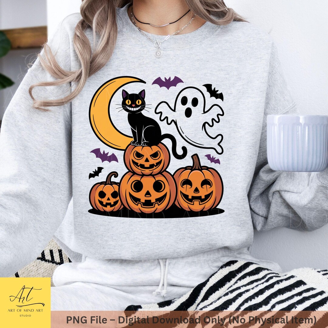 Black Cat Pumpkin PNG: Halloween Ghost Clipart, Fall Shirt Design ...