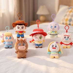 Puede incluir: Una colecci&oacute;n de siete llaveros de peluche con varios personajes, rasgos faciales bordados y clips de pl&aacute;stico. El conjunto incluye personajes con sombreros, un caballo marr&oacute;n, una figura blanca con brazos rojos y un personaje rubio.