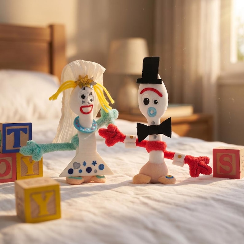 May include: Two plush figures resembling sporks, one wearing a white veil with yellow yarn hair and a blue dress with blue shapes, the other wearing a black top hat and black bow tie with red arms, surrounded by wooden alphabet blocks on a bed.