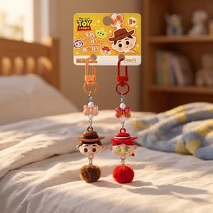 Puede incluir: Dos llaveros de personajes de Toy Story en una tarjeta amarilla. Uno tiene una figura con sombrero de vaquero marr&oacute;n y pomp&oacute;n marr&oacute;n, el otro una con sombrero de vaquera rojo y pomp&oacute;n rojo. Ambos incluyen una cuenta de lazo y un mosquet&oacute;n.