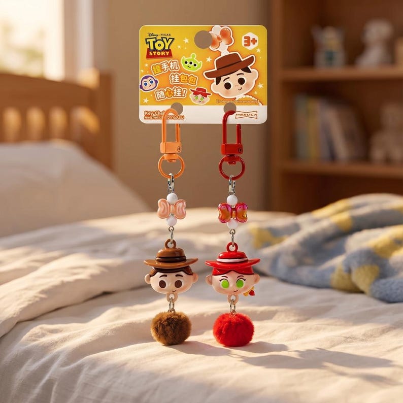 Puede incluir: Dos llaveros de personajes de Toy Story en una tarjeta amarilla. Uno tiene una figura con sombrero de vaquero marr&oacute;n y pomp&oacute;n marr&oacute;n, el otro una con sombrero de vaquera rojo y pomp&oacute;n rojo. Ambos incluyen una cuenta de lazo y un mosquet&oacute;n.