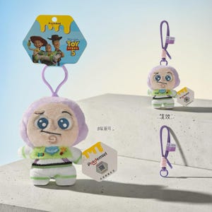 Puede incluir: Un llavero de peluche de Buzz Lightyear con capucha morada, traje blanco y verde y grandes ojos azules. Incluye un lazo morado para colgar y una etiqueta hexagonal con la marca Toy Story 5, el logotipo de Potdemiel y un c&oacute;digo QR.