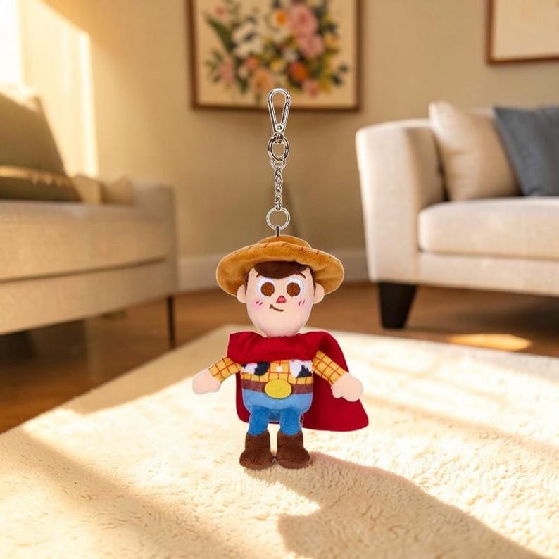 May include: A plush keychain featuring a character wearing a brown cowboy hat, a red cape, a yellow and red plaid shirt, a yellow belt buckle, blue pants, and brown boots. The figure is attached to a silver-toned metal lobster clasp and chain.