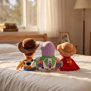 May include: Three plush toys sitting on a bed, viewed from behind. The left toy wears a brown cowboy hat and yellow shirt. The center toy is purple, green, and white with a jetpack. The right toy wears a tan hat and a red cape with a yellow bow.