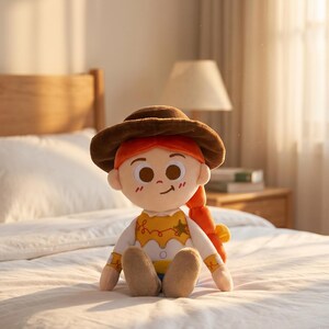 May include: A plush doll featuring a character with bright orange hair in a long braid, wearing a brown cowboy hat, a white long-sleeved shirt with a yellow vest, and tan pants. The doll has large brown eyes, a small smile, and pink blush marks.