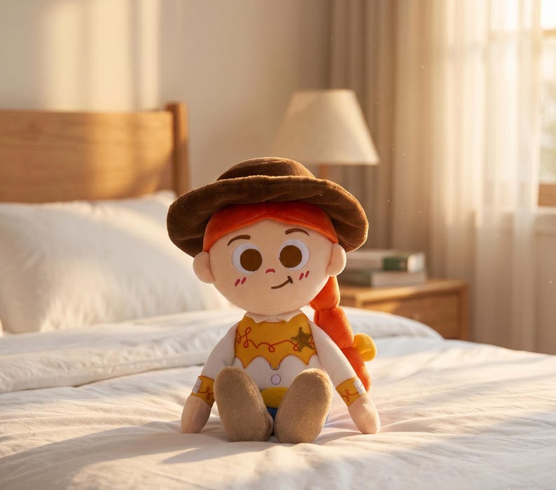 May include: A plush doll featuring a character with bright orange hair in a long braid, wearing a brown cowboy hat, a white long-sleeved shirt with a yellow vest, and tan pants. The doll has large brown eyes, a small smile, and pink blush marks.