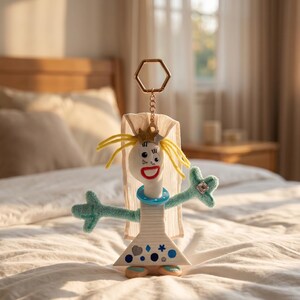 May include: A white plastic spork character keychain with yellow yarn hair, a red mouth, and googly eyes. It wears a blue collar, a white fabric veil, and a white dress decorated with blue and silver shapes, attached to a gold hexagonal ring.