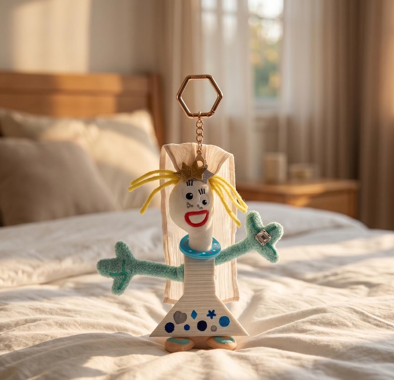 May include: A white plastic spork character keychain with yellow yarn hair, a red mouth, and googly eyes. It wears a blue collar, a white fabric veil, and a white dress decorated with blue and silver shapes, attached to a gold hexagonal ring.