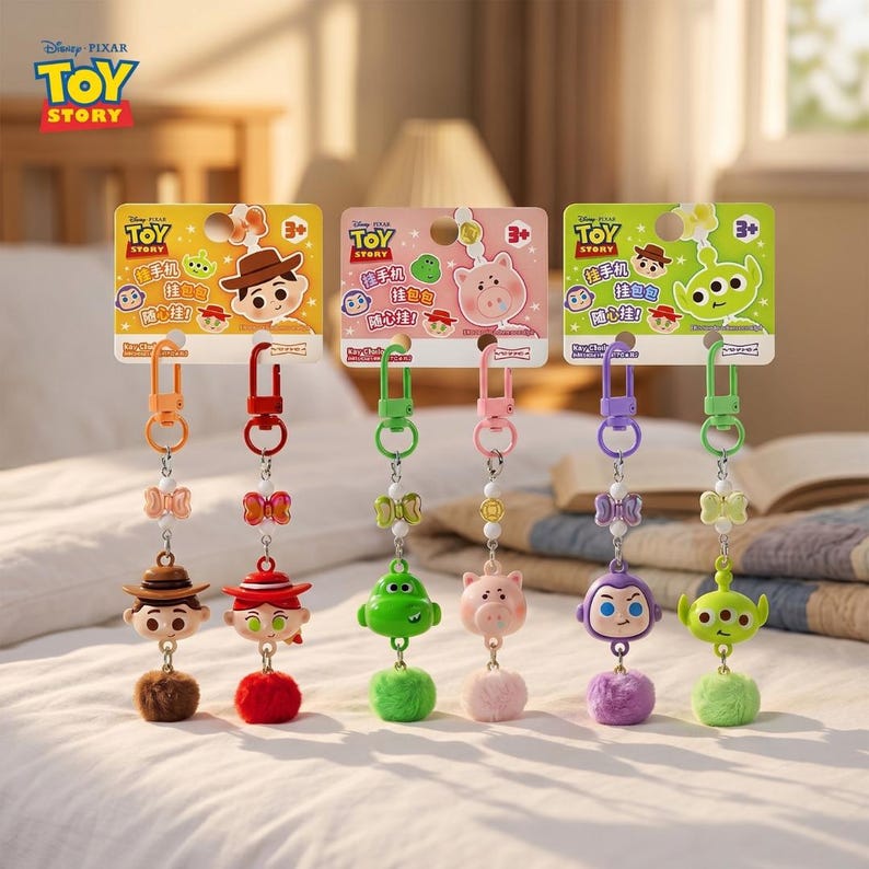 Puede incluir: Seis llaveros de personajes de Toy Story en tarjetas de presentaci&oacute;n. Cada uno incluye una cabeza de personaje de pl&aacute;stico, un peque&ntilde;o lazo, un mosquet&oacute;n de metal y un pomp&oacute;n esponjoso a juego con el color del personaje representado.