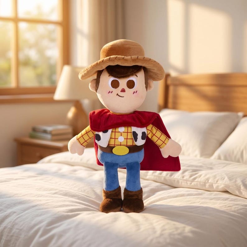 May include: A plush doll featuring a brown cowboy hat, a yellow and red plaid shirt with a cow-print vest, a red cape, blue pants, and brown boots. The doll has a round face with dark brown hair, large dark eyes, and a small smile with pink cheeks.
