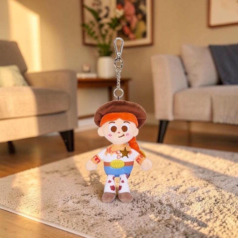 May include: A plush keychain featuring a character with bright orange hair in a braid, wearing a brown cowboy hat, a white shirt with a gold star emblem, a yellow belt buckle, and white pants with brown cow-print spots, attached to a silver metal clasp.