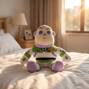 May include: A plush toy character featuring a white, green, and purple space ranger suit with a gold star emblem on the chest. The figure has a rounded head, large blue eyes, and a small chin detail, designed in a soft, stuffed fabric style.