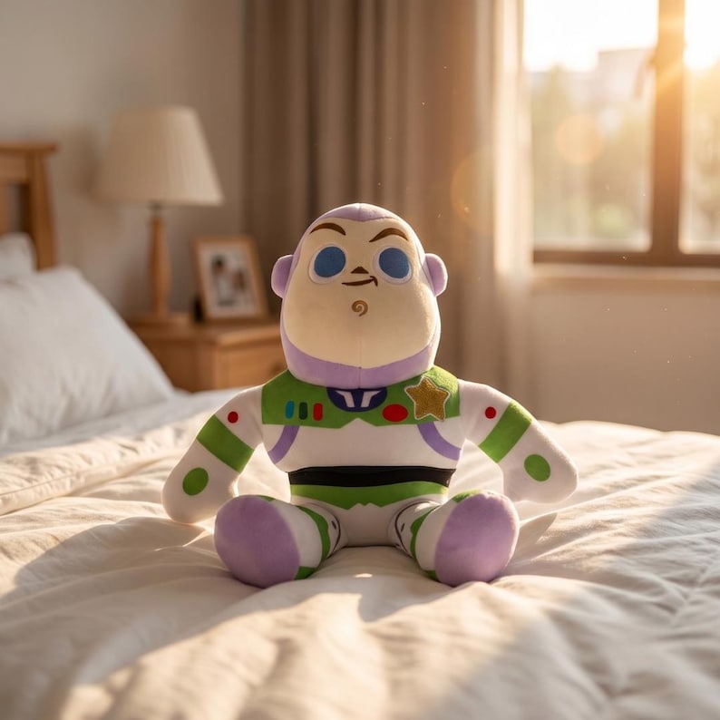 May include: A plush toy character featuring a white, green, and purple space ranger suit with a gold star emblem on the chest. The figure has a rounded head, large blue eyes, and a small chin detail, designed in a soft, stuffed fabric style.