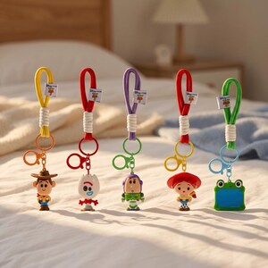 Puede incluir: Cinco llaveros de personajes de Toy Story con lazos de tela coloridos y detalles de cord&oacute;n blanco. Las figuras incluyen a Woody, Forky, Buzz Lightyear, Jessie y una rana verde, cada una unida a una anilla con una etiqueta de Toy Story 4.