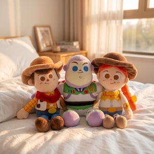 May include: Three plush toys featuring a cowboy with a brown hat and yellow plaid shirt, a space ranger with a purple hood and white suit, and a cowgirl with a brown hat and red hair, all sitting together on a white fabric surface.